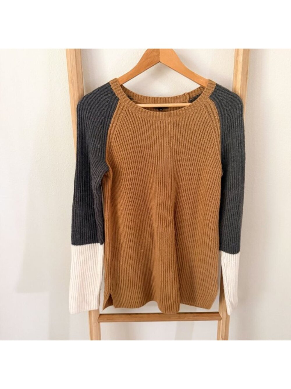 Talbots Colorblock Rib Knit Lambswool Blend Sweater Brown Gray Women’s Small